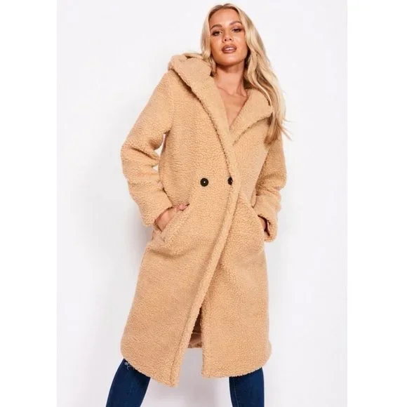 Camel Long Sleeve Hoodie Hooded Long Maxi Borg Teddy Bear Fur Coat - Picture 8 of 16